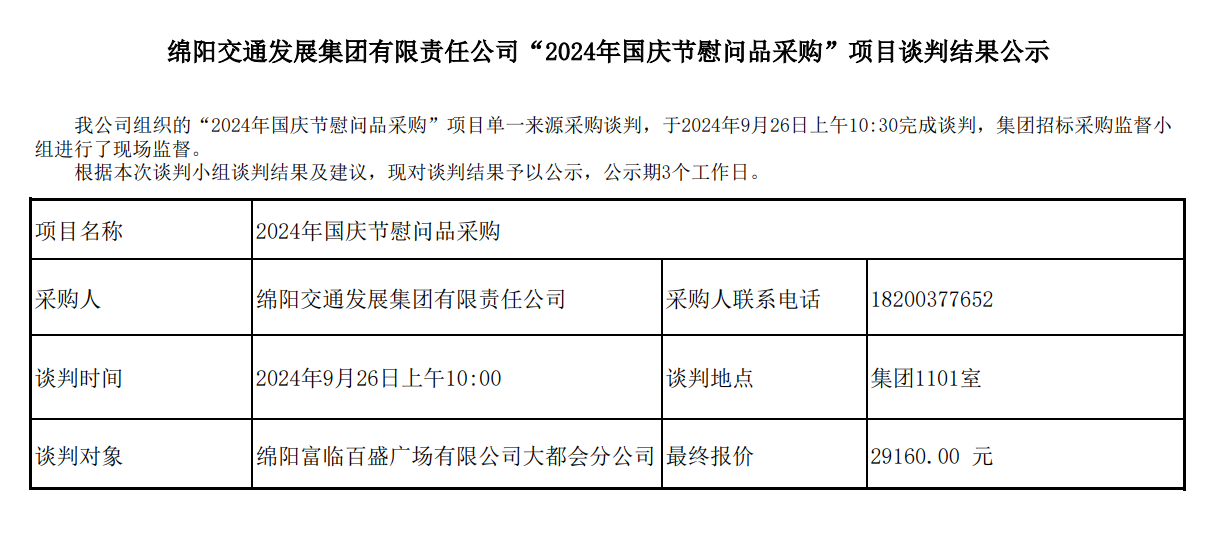綿陽交通發(fā)展集團有限責(zé)任公司“2024年國慶節(jié)慰問品采購”項目談判結(jié)果公示.png